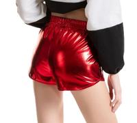 Damen Metallic Shorts PU Leder Shorts Elastic Waist Shorts Shiny Shorts Leopard Sexy Hotpants Kunstlederhose Leggings Leder Kurze Hose (L,Rot)