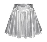 Damen Metallischer Faltenrock Mini Skater Rock PU Lederrock Sexy Hohe Taille A-Linie Silber Rock Karneval Metallic Y2K Tennisrock Tanzrock Rave Party Club Kostüme
