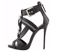 Damen Metallschnalle Reißverschluss Punk Stil Offene Zehensandalen 13CM High Heel Sexy Stripper Nachtclub Abendkleid Formale Schuhe Größe 34-46,Schwarz,45 EU