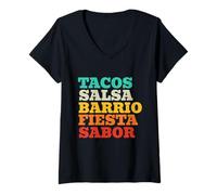 Damen Mexiko Tacos Salsa Barrio Fiesta Sabor T-Shirt mit V-Ausschnitt