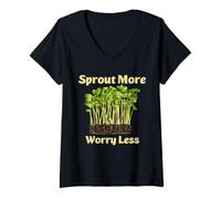 Damen Microgreens sprießen mehr Sorgen, weniger Züchter, ruhige Atmosphäre im Garten T-Shirt mit V-Ausschnitt