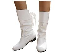 Damen Mid-Calf Stiefel einfarbig plissiert mit Schleife dickem Absatz mittelhohe Winterstiefeletten elegante Damenschuhe