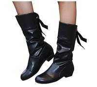 Damen Mid-Calf Stiefel einfarbig plissiert mit Schleife dickem Absatz mittelhohe Winterstiefeletten elegante Damenschuhe
