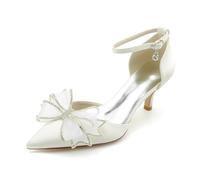 Damen Mid Kätzchenabsatz Party Hochzeitsschuhe Satin Knöchelriemen Abendkleid Sandalen Mit Schleife Geschlossene Spitze Brautschuhe,Elfenbein,37 EU