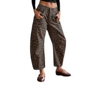 Damen Mid Rise Barrel Jeans Vintage Leopard Printed Baggy Cropped Jeans Wide Leg Denim Ankle Pants Boyfriend Jeans, Dunkelbraun, S