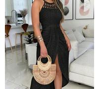 Damen Midi-Kleid ohne Ärmel, gestricktes Jacquard-Textildesign, geschlitztes Cut Out plissiertes Lässig Urlaubskleid, Schwarz elegant Sommer