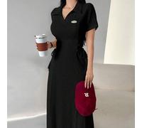 Damen Midi Lässig Kleid mit Buchstaben Muster, Umschlag Ärmel, Taillen Bindeband, Maxikleid Damen Outfit für lange Abendkleider