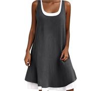 Damen-Midikleid aus Baumwollleinen, Tank-Maxikleider aus Baumwollleinen für Damen, lässiges, lockeres, ärmelloses Shift-Tankkleid, A-Linien-Tunika, Mini-Swing-Kurzes Sonnenkleid (Black,L)