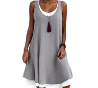 Damen-Midikleid aus Baumwollleinen, Tank-Maxikleider aus Baumwollleinen für Damen, lässiges, lockeres, ärmelloses Shift-Tankkleid, A-Linien-Tunika, Mini-Swing-Kurzes Sonnenkleid (Grey,XXL)