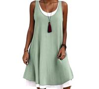 Damen-Midikleid aus Baumwollleinen, Tank-Maxikleider aus Baumwollleinen für Damen, lässiges, lockeres, ärmelloses Shift-Tankkleid, A-Linien-Tunika, Mini-Swing-Kurzes Sonnenkleid (Green,3XL)
