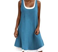 Damen-Midikleid aus Baumwollleinen, Tank-Maxikleider aus Baumwollleinen für Damen, lässiges, lockeres, ärmelloses Shift-Tankkleid, A-Linien-Tunika, Mini-Swing-Kurzes Sonnenkleid (Blue,L)