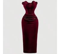 Damen-Midikleid aus Samt mit 3D-Blumenmuster in Burgunderrot, Weihnachtskleidung, Silvesterkleidung, elegante Kleider, sexy Kleid, geblümtes Kleid, Kl