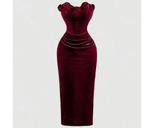 Damen-Midikleid aus Samt mit 3D-Blumenmuster in Burgunderrot, Weihnachtskleidung, Silvesterkleidung, elegante Kleider, sexy Kleid, geblümtes Kleid, Kl