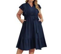 Damen-Midikleid mit V-Ausschnitt und Knopfleiste Übergröße Rüschenärmel lässiges Elegant Kleid für Damen einfarbig süßes A-Linien-Kleid mit Belt Marine 48