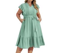 Damen-Midikleid mit V-Ausschnitt und Knopfleiste Übergröße Rüschenärmel lässiges Kleid für Damen einfarbig süßes A-Linien-Kleid mit Belt Hellgraugrün 48
