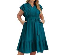 Damen-Midikleid mit V-Ausschnitt und Knopfleiste Übergröße Rüschenärmel lässiges Kleid für Damen einfarbig süßes A-Linien-Kleid mit Belt Pfauenblau 48