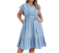 Damen-Midikleid mit V-Ausschnitt und Knopfleiste Übergröße Rüschenärmel lässiges Kleid für Damen einfarbig süßes A-Linien-Kleid mit Belt Hellblau 54