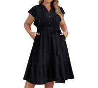 Damen-Midikleid mit V-Ausschnitt und Knopfleiste Übergröße Rüschenärmel lässiges Kleid für Damen einfarbig süßes A-Linien-Kleid mit Belt Schwarz 48