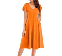 Damen Midikleid Sommer A Linie Kleid Elegant Einfarbig Sommerkleid Damen Midi Mit Taschen Kleider V Ausschnitt Kurzarm Sommerkleider Frauen Leicht Und Luftig Festlich Damenkleider Flatterärmel
