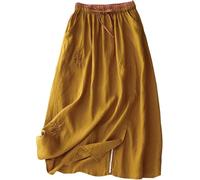 Damen-Midirock aus Baumwollleinen mit Taschen, lässiger Vintage-Blumenstickerei, elastische Taille, seitlicher Schlitz, A-Linie, fließend, schwingend, lange Röcke, Urlaub, Strand, Party, Urlaub,