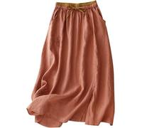 Damen-Midirock aus Baumwollleinen mit Taschen, lässiger Vintage-Blumenstickerei, elastische Taille, seitlicher Schlitz, A-Linie, fließend, schwingend, lange Röcke, Urlaub, Strand, Party, Urlaub,