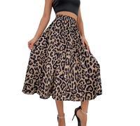Damen-Midirock mit elastischem Bund und Leopardenmuster, plissiert, A-Linie, ausgestellt, Skater, Knielang, Midi-Swing-Röcke