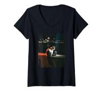 Damen Midnight Skyline Cat Noir Smoking City Night Urban Cat T-Shirt mit V-Ausschnitt