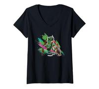 Damen Minecraft Creeper Running from Cat Paint Brush Strokes Art T-Shirt mit V-Ausschnitt