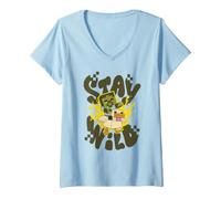 Damen Minecraft Stay Wild Chicken Jockey On Fire Pixelated Font T-Shirt mit V-Ausschnitt
