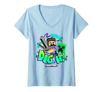 Damen Minecraft Steve & Creeper Face Dig It Graffiti Lettering Art T-Shirt mit V-Ausschnitt