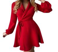 Damen Mini-A-Linien-Kleid, elegant, langärmelig, V-Ausschnitt, Wickelsaum, Krawatte, Taille, kurzes Kleid-CL
