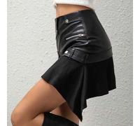 Damen Mini-Rock, einfarbiger asymmetrischer Taillengürtel mit Knopfdesign, Patchwork-Wildleder-Meerjungfrauensaum PU-Leder-Rock Schwarz Frühling