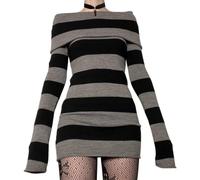 Damen-Minikleid, Gothic, schulterfrei, ästhetisch, langärmelig, gestreift, figurbetont, kurz, sexy Wickelkleid, gerippt, Strickpullover, Schwarz , 42