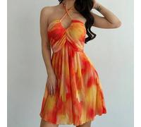 Damen-Minikleid im 70er-Jahre-Resort-Stil mit Batik-Blumenmuster, plissiertem Stoff, A-Linien-Schnitt, Neckholder, fließend, orange-rot, ideal für Som