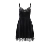 Damen-Minikleid im Gothic-Stil, Lolita, Spitzenärmel, Schnürung, Gothic, kurz, schwarz, Punk-Kleider für Damen, Cosplay, Party, Abschlussball, Schwarzes Wildlederkleid mit 3 Spitzen, X-Groß