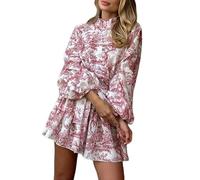 Damen Minikleid mit Blumenmuster, lange Puffärmel, Stehkragen, Krawatte an der Taille, Knopfleiste, A-Linie, Boho-Blumendruck, Swing-Kleid, lässig, Sommer, Strand, Party, Hochzeit, Gästekleid, rot, L