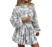 Damen Minikleid mit Blumenmuster, lange Puffärmel, Stehkragen, Krawatte an der Taille, Knopfleiste, A-Linie, Boho-Blumendruck, Swing-Kleid, lässig, Sommer, Strand, Party, Hochzeit, Gästekleid, grau, S