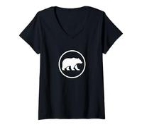 Damen Minimale Eisbär-Silhouette, Kreis-Emblem, Abenteuer-Sym T-Shirt mit V-Ausschnitt