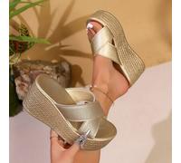 Damen Minimalistische Keilsandalen, Leder Kreuz-Oberteil, offene Zehenpartie, dicke Sohle, modische Slip-On Absatzsandale, Frühling/Sommer, Reiseessen