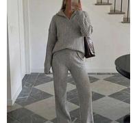 Damen minimalistischer lässiger gerippter Halb-Reißverschluss Stehkragen Langarm kurzer Strickpullover mit hoher Taille und weitem Bein für Alltag und