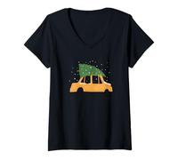 Damen Minimalistischer NYC Yellow Cab Weihnachtsbaum auf Auto T-Shirt mit V-Ausschnitt