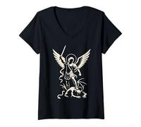 Damen Minimalistisches Heiliger Michael Erzengel Silhouette Engel Emblem T-Shirt mit V-Ausschnitt