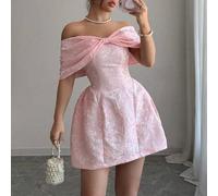 Damen Minirock aus Jacquard-Gewebe mit Schleife am Ausschnitt und Off-Shoulder, Frühling/Sommer