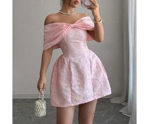 Damen Minirock aus Jacquard-Gewebe mit Schleife am Ausschnitt und Off-Shoulder, Frühling/Sommer