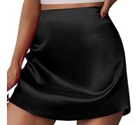 Damen-Minirock aus Satin, einfarbig, schmale Passform, A-Linie, kurzer Rock, Seide, hohe Taille, Reißverschluss am Rücken, Schwarz , 48