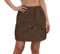 Damen Minirock Elastischer Bund Cargo Rock Kordelzug Sportrock Mehrere Taschen Freizeitrock Locker Alltag Schule Freizeit Coffee S
