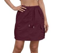 Damen Minirock Elastischer Bund Cargo Rock Kordelzug Sportrock Mehrere Taschen Freizeitrock Locker Alltag Schule Freizeit Wine L