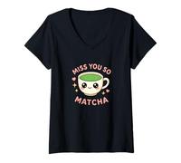 Damen Miss You So Matcha Lover Grüner Tee Matcha Wortspiel Kawaii Grafik T-Shirt mit V-Ausschnitt