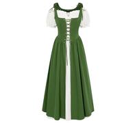 Damen Mittelalterliche Corsagenkleid A-Linie Schulterfrei mit Taschen Country Überkleid Grün M
