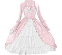 Damen Mittelalterliches Gothic Rüschenkleid Schlanke Lange Kleider Langarm Mittelalter Renaissance Gothic Lolita Party Swing Kleider Ballkleider (Rosa,3XL)
